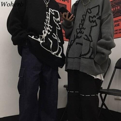 Woherb Harajuku Fashion Knitted Women Man Sweater Cute Cartoon Dinosaur Pullover Sweaters 2021 Fashion Streetwear Jumper Pull