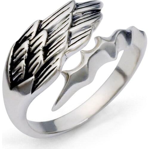 Punk Tibetan Silver Tail Ring For Men Angel Wing Open Ring Fashion Feather Shaped Finger Jewelry Punk Accessories