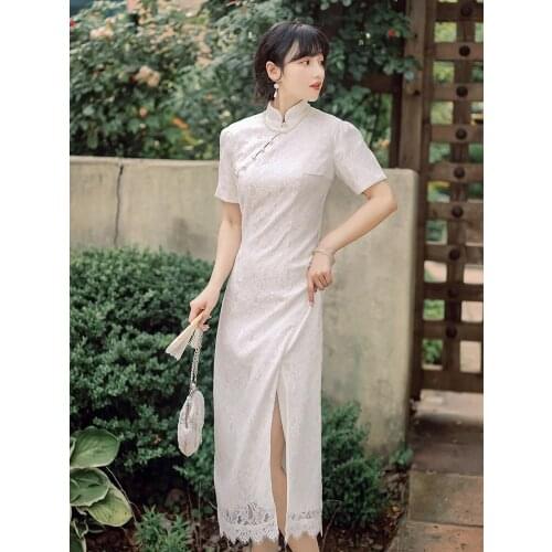 2021 Summer New Womens Chinese Style Retro Literary Chinese Cheongsam Dress Noble And Thin Lace White Dress Without Veil