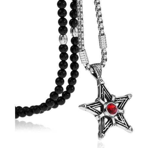 Hiphop/Rock Star Wiccan Witch Magical Power Pentacle Pentagram Pendant Necklace with Black Natural Stone Necklace 27"