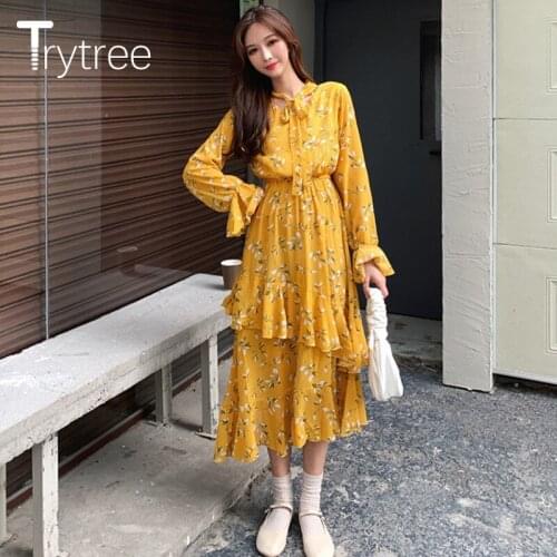 Trytree 2021 Spring Summer Womens Dress Casual Bow Collar Butterfly Sleeve Elastic Waist Floral Ruffled Hem Silky Elegant Dress