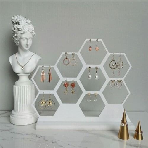 Natural Wood White Honeycomb Jewelry Earrings Necklace Storage Rack Holder Jewelry Display Stand Up to Hold 9 Earrings