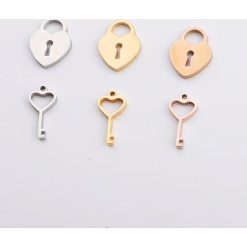 100% Stainless Steel Love Heart Lock Pendant Key Charm For Jewelry Making Mirror Polished Wholesale 20pcs