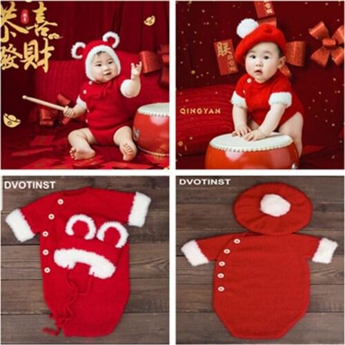 Dvotinst Newborn Photography Props Baby Knitted Red Christmas New Year Outfits Rompers Hat Fotografia Accessories Photo Props