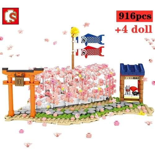 Sembo 2021 City Japanese Style Cherry Blossom Tunnel Cherrys Blossom Street View Model Building Blocks Diy Toys For Girls Gifts