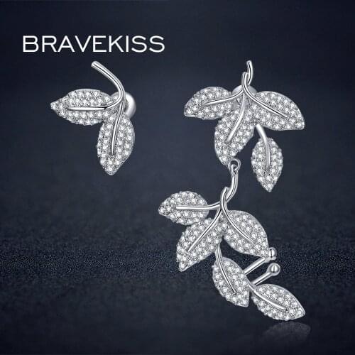 BRAVEKISS unique mismatch earing CZ pave leaf drop earrings with studs boucle femme pendante brincos mujer jewel BUE0218