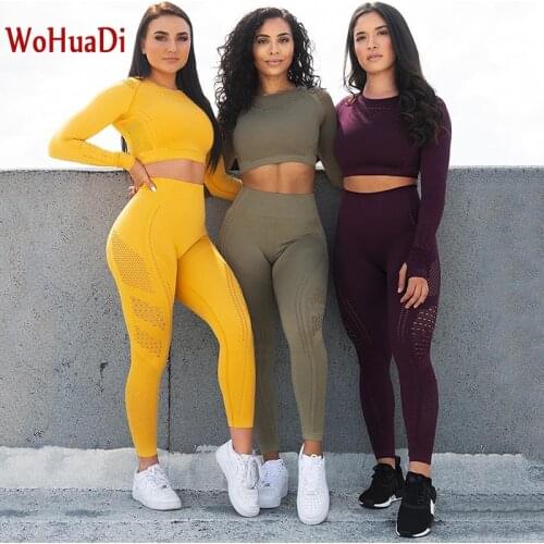 WOHUADI Tracksuit Yoga Gym Sets Workout Clothes Fitness Running Sportwear Women High Waist Mesh Leggings Long Sleeve Shirt Suit