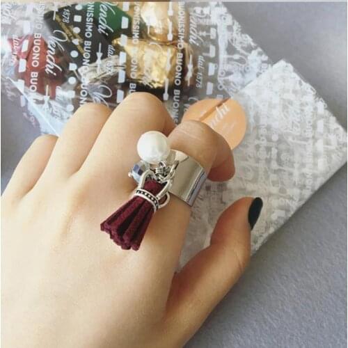 Spring New Geometric Crown Tassel Ring Opening Fashion Acrylic Beads Imitation Pearl Index Finger Rings Charm Wrap Ring bijoux