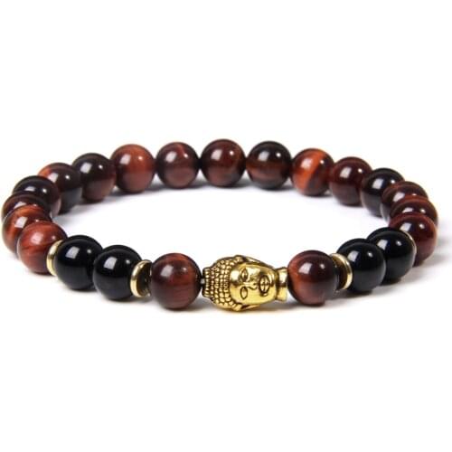 Womens Mens Natural Tiger Eye Stone Bead Bracelet Golden Buddha Head Faith Amulet Lucky Buddhism Blue Red Yellow bracelet gift