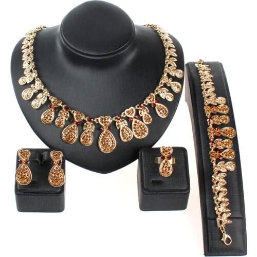 Fashion Women Wedding Party jewelry sets gold Color Champagne Austrian crystal earrings necklace ring bracelet jewelry sets