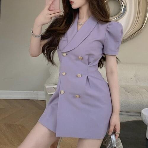 Purple Vintage Office Lady Dress Women Korean V-neck Slim Sexy Party Mini Dress A-line Puff Sleeve Elegant Sundress Summer 2021