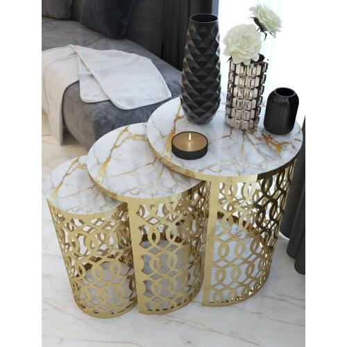 Gold Laser Cut Lux Zigon Coffee Table Set Cream Marble Patterned Glass wohnzimmertisch طاولة غرفة معيشة столик из стекла