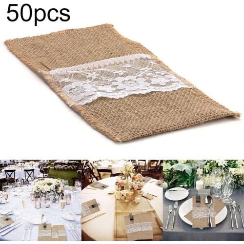 50pc Burlap Lace Cutlery Pouch Rustic Wedding Tableware Knife Fork Holder Bag Hessian Jute Table Decoration Accessories for Home