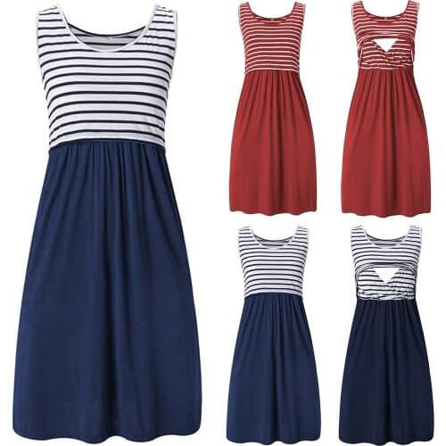 #57 Breast Feeding Dress Women Maternity Striped Stitching Solid Color Sleeveless Maternity Dress Camisa Dormir Maternal