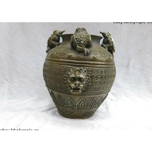 8" China brass copper lucky tiger money Three legged toad pot Statue
