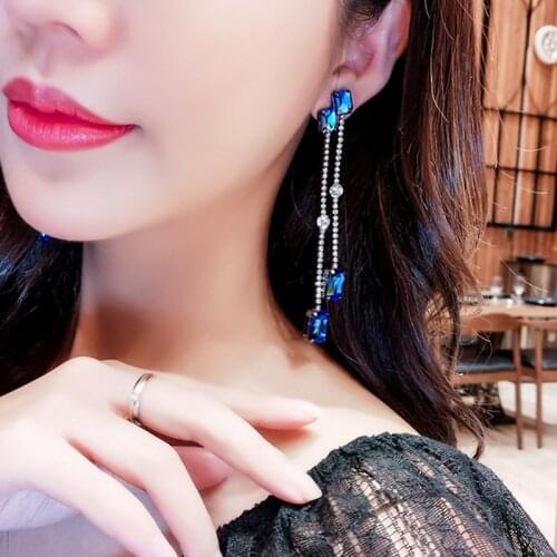 ARLIE Vintage Square Blue Crystal Tassel Drop Earrings for Women 2020 Bijoux Long Geometric Dangle Earrings Bride Party Jewelry