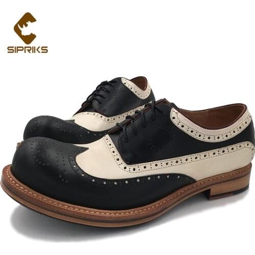 Sipriks Mens Black White Calf Leather Brogue Shoes Vintage Wingtip Dress Shoes Round Toe Sewing Welted Oxfords Blake Formal Suit