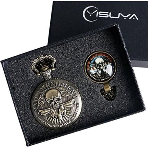 Steampunk Bronze 2nd Amendment US Defending Liberty Since 1791 Pocket Watches Quartz Analog Fob Chain Watches Creative Gift Set