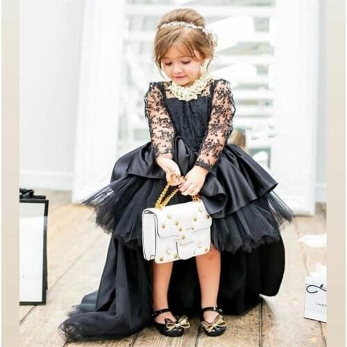 Black High Low Flower Girl Dresses Jewel Neck Appliqued Lace Girl Pageant Custume Long Sleeves Ruched Satin Girl Birthday Wear
