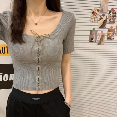 Net Red Heart Machine Short Sleeve T-Shirt WomenS Summer New U-Neck Open Navel Sexy Tight Knit Bottoming