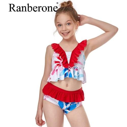Ranberone Childrens Ruffled High Waist Bikini Split Girls Swimwear 2 Piece Girl Summer Sets Push Up Printing Closed Swimsuit