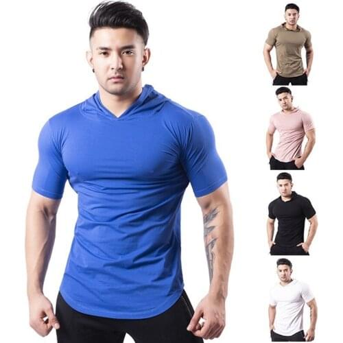 Mens Running T-Shirts Men Fitness Short Sleeves Outdoor Sweat Shirt Men Gym T Shirt Football Jersey With cap Sportswear Tight