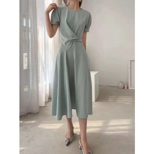 Elegant Korean Style Solid Color Office Dresses Summer O-neck 2020 Women Slim Waist Lace-up Asymmetrical Long Dress Female
