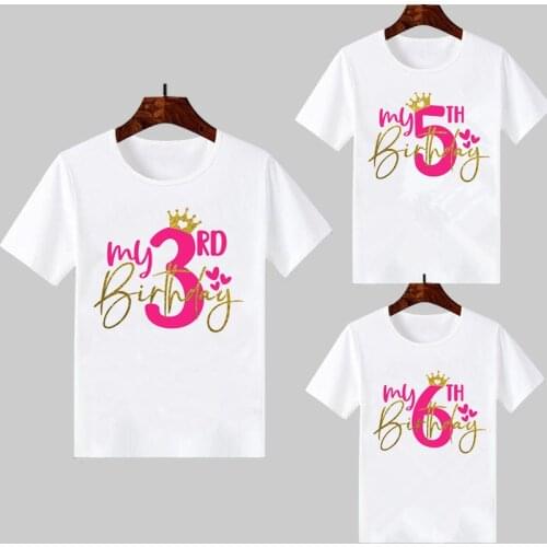 My 3-10th Birthday Number Golden Crown Letters Print Baby Clothes Girl T-Shirt Lovely Summer Top White Tshirt Children Kids Gift