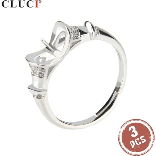 CLUCI 3pcs Authentic Silver 925 Women Pearl Ring Mounting Fashion Adjustable Ring for Wedding Engagement SR2044SB