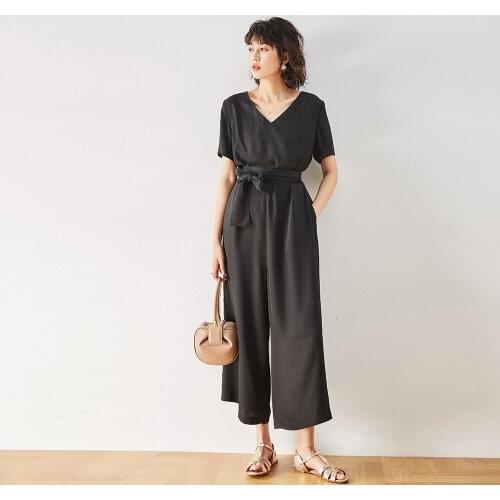Jumpsuit Summer Casual Wide Leg Pants Black Bib Overalls Leisure Sexy Rompers V-Neck Elegant Long Overalls Office Fashion Lady