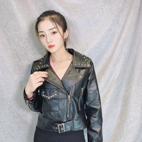 Manual Rivet Black Short Faux PU Leather Jacket Spring Autumn 2021 Slim Lapel Leather Biker Jacket Long Sleeve Casual Streetwear