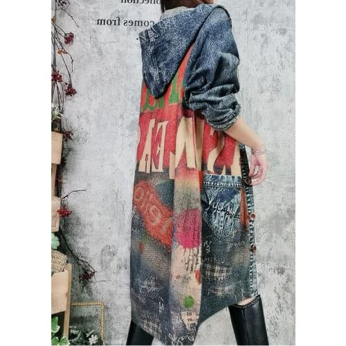 Knitted Spliced Plus Size Denim Jacket Women 2020 Autumn Loose Hooded Long Oversized Letters Designer Jean Jacket Female Coats