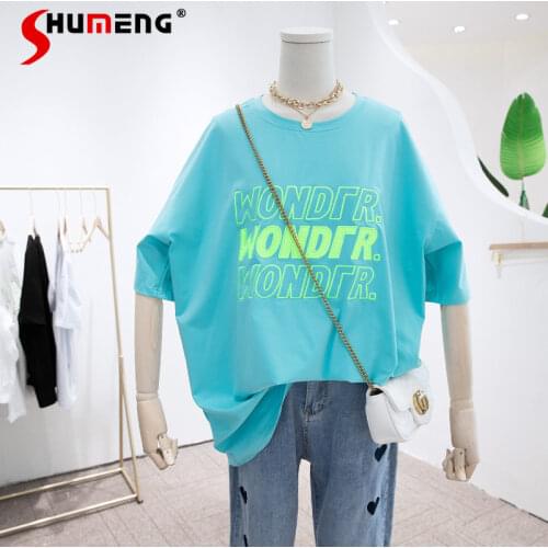 2021 Summer New Short-Sleeved Loose T-shirt for Women Korean Mid-Length Oversized Tops Embroidered Letters All-Matching Tees