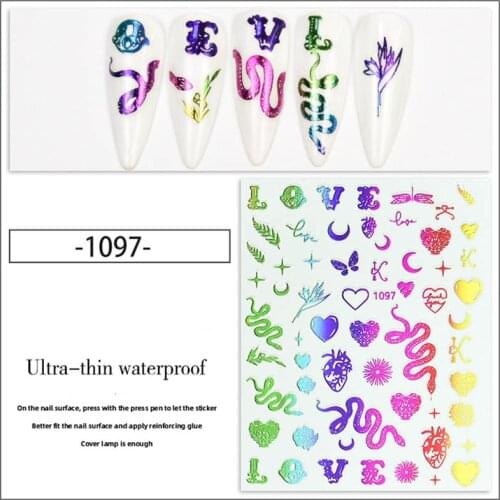 Gold gilding snake sticker for 3D nail art decoration rainbow colors laser foils ultra thin slider nail decals YJ035
