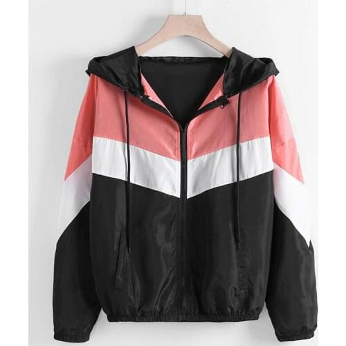 Womens autumn and spring color matching elastic belt drawstring hooded long-sleeved hoodie sweatshirt pocket zipper casual runn