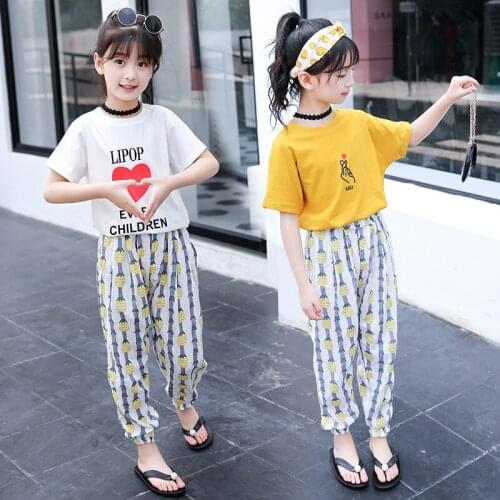 Newest Baby Girls Print Short Sleeve Tops + Wide Leg Pants 2Pcs Outfits Set Casual Clothes 6-10T Summer T-shirt Clothes Set