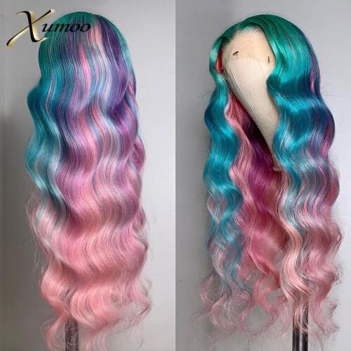 XUMOO Ombre Pink Rainbow Colorful Brazilian Human Hair Pre Plucked Lace Front Wig With Baby Hair For Cosplay Party Black Women