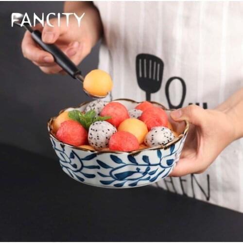 FANCITY Japanese tableware ceramic fruit salad bowl underglaze hand-painted Uncaria shaped lace bowl personalized rice bowl hous