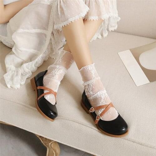 YQBTDL Summer Cute Girls Sweet Princess Mary Jane Shoes Black Beige Cross Strap Buckle Low Heel Pumps Women Shoes Plus Size 42
