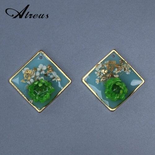 Boho Green Square Pendant Flower Pattern Dangle Resin Charms For Jewelry Findings Handmade Diy Earring Material Accessories Gift