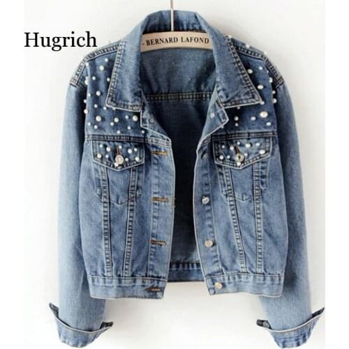 Pearl Beading Short Denim Jackets Women Wash Long Sleeve Vintage Casualdenim Coat Women Jeans Coat Plus Size