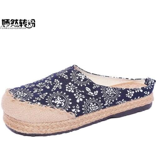 Women Linen Slippers Chinese Vintage Soft Flats Casual Slip On Round Toe Cotton Canvas Fabric Shoes Woman Plus Size 44