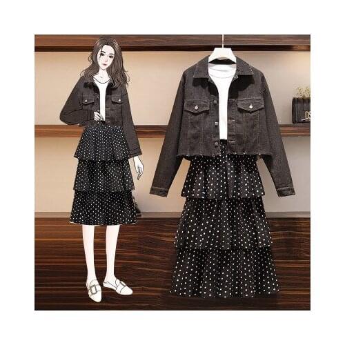 2020 Summer Fashion Women Jean Coat+ Skirts Black Color Two Piece Suit Spring Female Dresses Size L-4XL