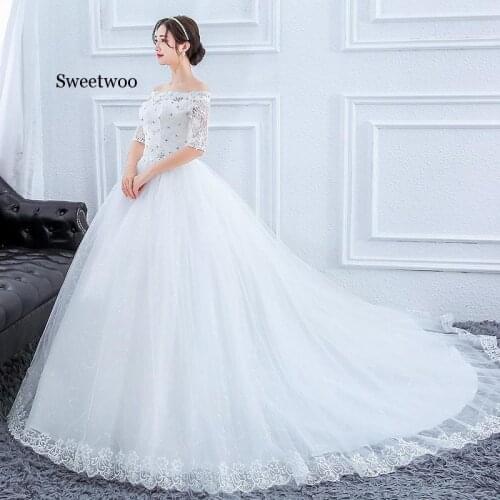 Plus Size Gorgeous Long Train party Dresses Lace Beaded Ball Gown Of The Shoulder Elegant Bride Dresses Luxury Wedding Gowns