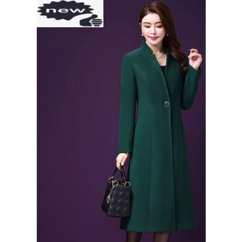 Winter Womens Woolen Long One Button Slim Fit OL Style Trench Vintage Wool Blends Stand Collar Warm Overcoat Lady Coat