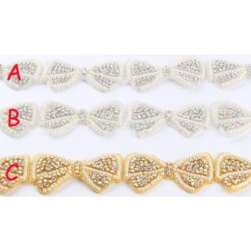 10Yard Mix 3Style Pearl Bow Shape Rhinestone Applique Patch Trim Hot-Fix Crystal Pearl Appliques Trimming For Bridal/Party