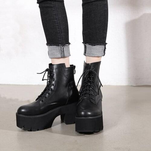 Boots Female Women Shoes Punk Platform Boots Fall Black Round Toe Heel Ankle Boots Ladies Lace Up Chunky Heels Bottes Plateforme
