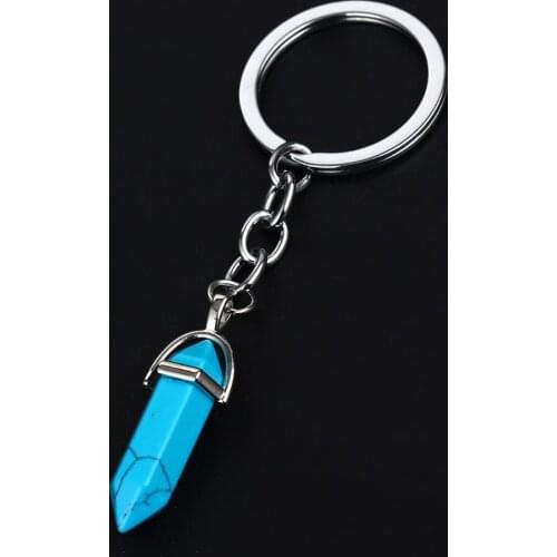 Blue Bullet Shape Natural Stone Family Keychain Jewelry Chain Keyring Gifts Key Ring