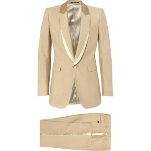Champagne With Golden Lapel Custom Mens Suits Groom Dress Fashion Trend Latest Design Terno Masculino 2 Pieces(Jacket+Pants)