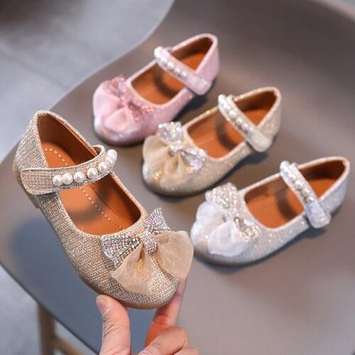 Childrens Flat Sole Single Shoes Girls Princess Shoes For Wedding Party Dance Performance Kids Leather Shoes Bowknot Diamond